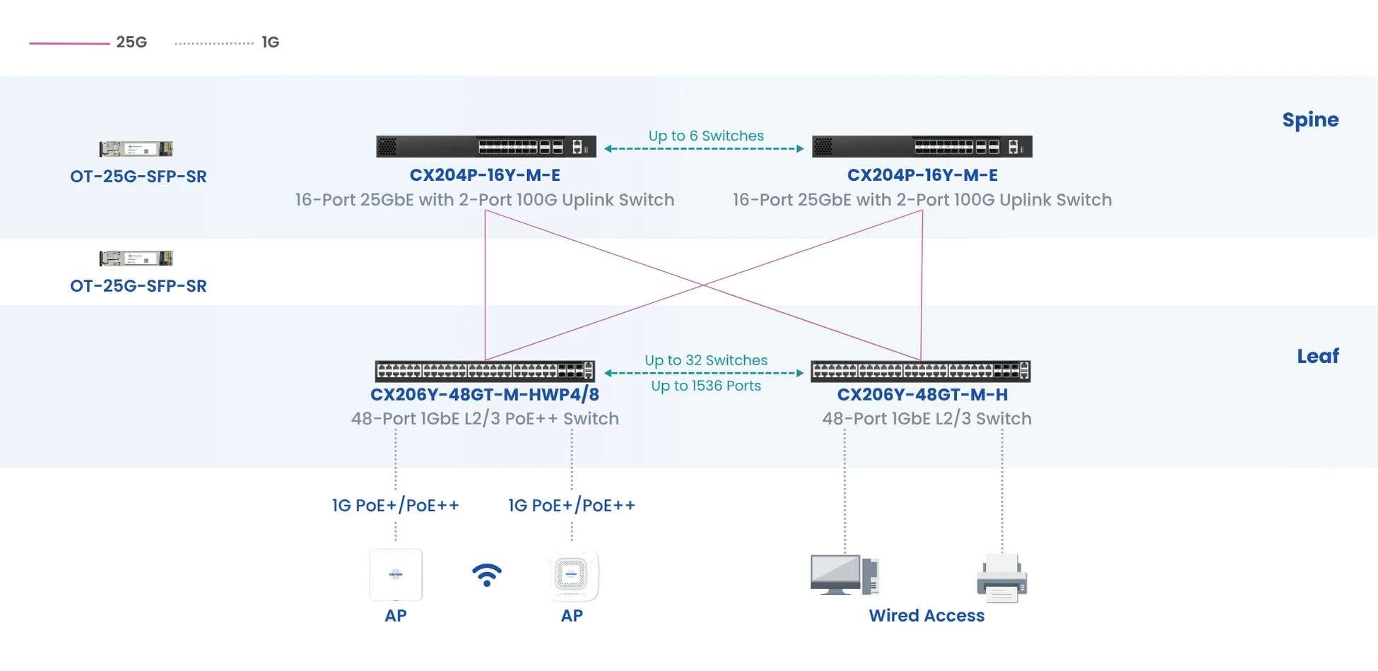 25g-spine–leaf-network-topology-using-CX204P-16Y-&-CX206Y-48GT-switches
