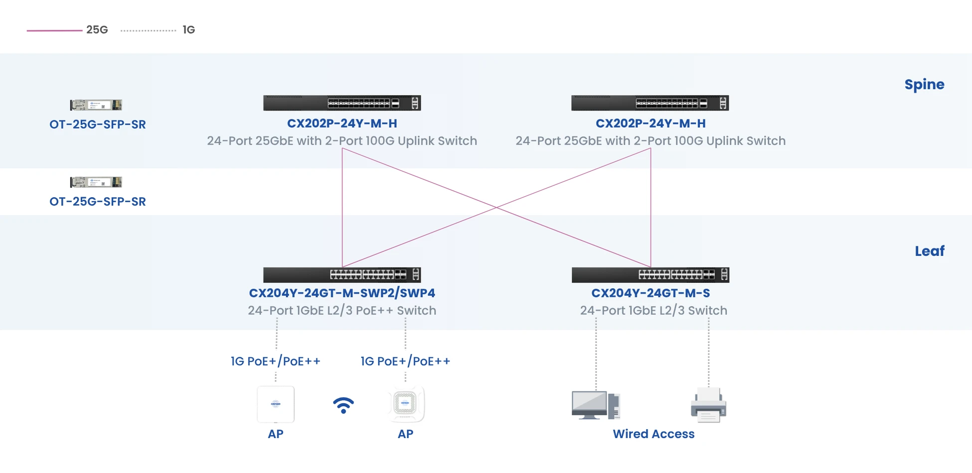 1g-spine–leaf-network-topology-using-CX202P-24Y-&-CX204Y-24GT-switches
