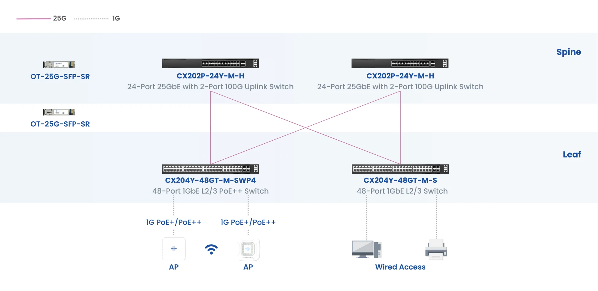 1g-spine–leaf-network-topology-using-CX202P-24Y-&-CX204Y-48GT-switches
