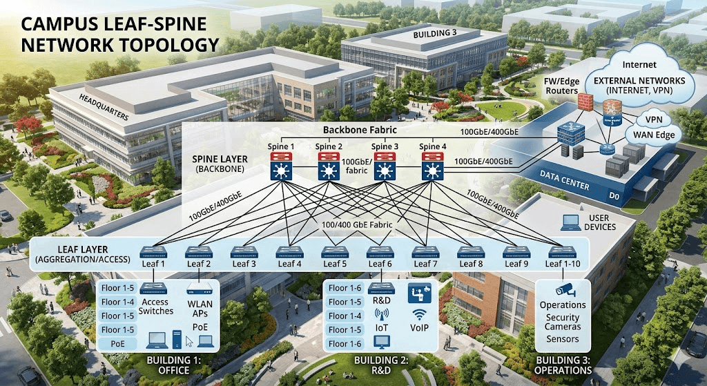Campus Leaf-Spine topology diagram over an aerial campus photo, showing four Spine switches forming a 100GbE/400GbE backbone connected to ten Leaf switches serving three buildings — Office, R&D, and Operations — plus the on-site data center and external internet/VPN.