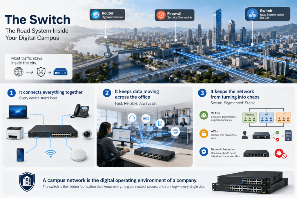 City analogy infographic explaining campus switches: the router as a highway entrance, firewall as security checkpoints, and the switch as the internal road network, with the switch's three roles — connecting devices, moving data, and enforcing network order via VLANs and ACLs.