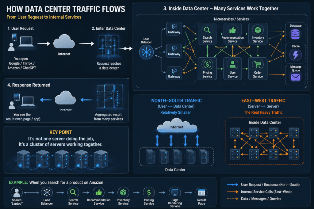 Flowchart showing how a user request travels through the internet into a data center, where multiple microservices collaborate to return a result, with a comparison of North-South traffic (user ↔ data center) versus East-West traffic (server ↔ server).