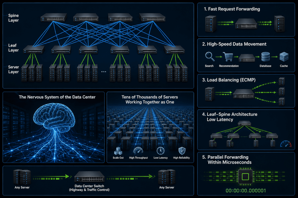 Data center switch architecture diagram showing a Leaf-Spine topology across Spine, Leaf, and Server layers, with five core switching functions: request forwarding, high-speed data movement, ECMP load balancing, low-latency Leaf-Spine routing, and microsecond-level parallel forwarding.
