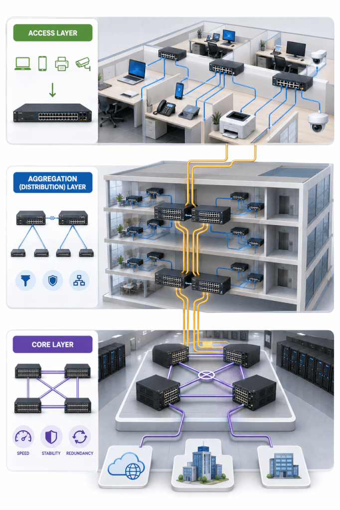 Three-tier campus network topology showing end devices connecting upward through Access, Aggregation, and Core layers, with the Core layer fanning out to the internet, headquarters, and branch offices.